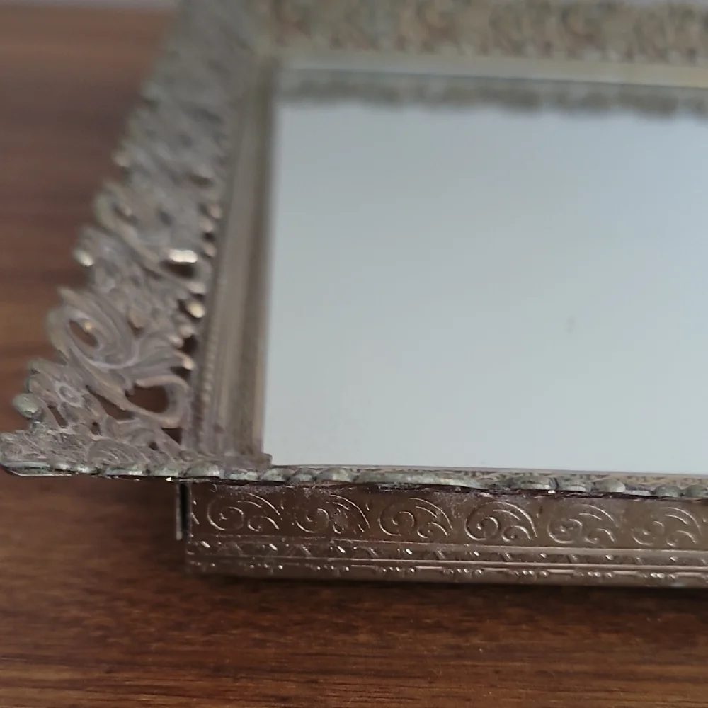 Decorative Mirror Tray with Ornate Silver Frame